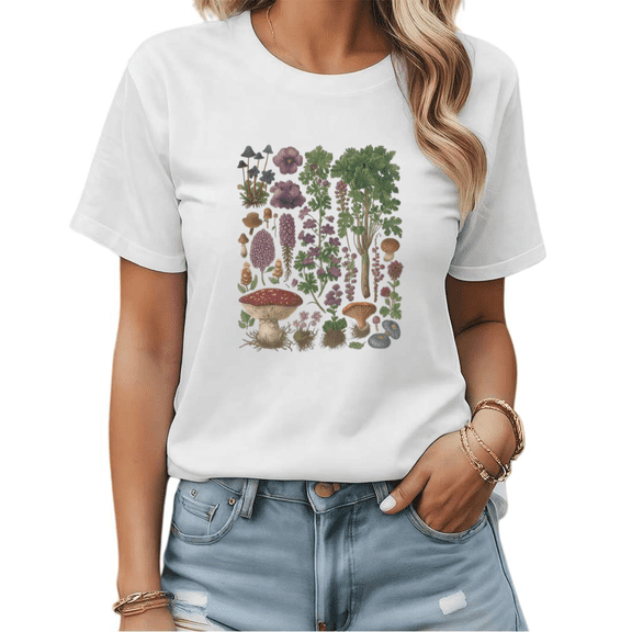 Vintage Botanical Mushroom Graphic Tees Womans T-shirt Black/White S-5XL Shirts Nature Floral Tops
