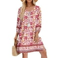 thumbnail image 2 of Women's Casual Summer Dress Boho V Neck 3/4 Sleeve Babydoll Floral Print Flowy Side Split Beach Dress C-Pink, 2 of 5