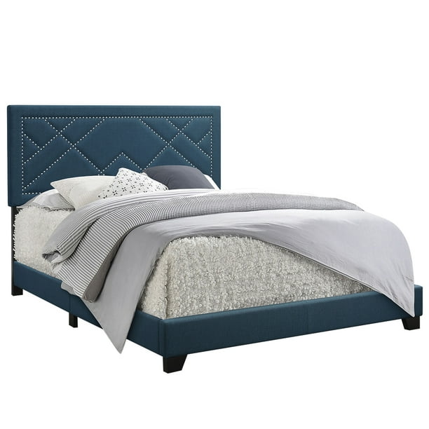 Acme Modern Minimalist King Bed Upholstered Headboard In Dark Blue Green Fabric Walmart Com Walmart Com