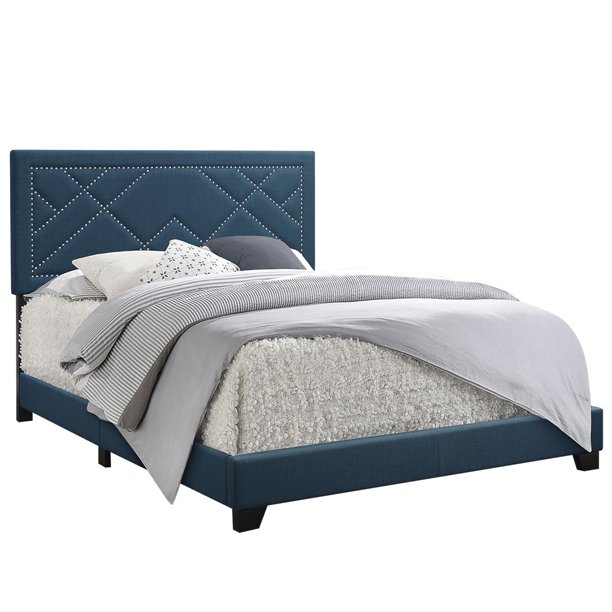 Acme Modern Minimalist King Bed Upholstered Headboard In Dark Blue Green Fabric Com Acme Modern Minimalist King Bed, Westerly Light Grey King Upholstered Bed Set