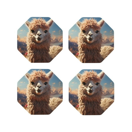 

Coasters Set of 4 - Alpaca Mountain Meadow Drink Coasters for Tabletop Protection Leather Coasters for Living Room Decor and Housewarming Gift Octagon