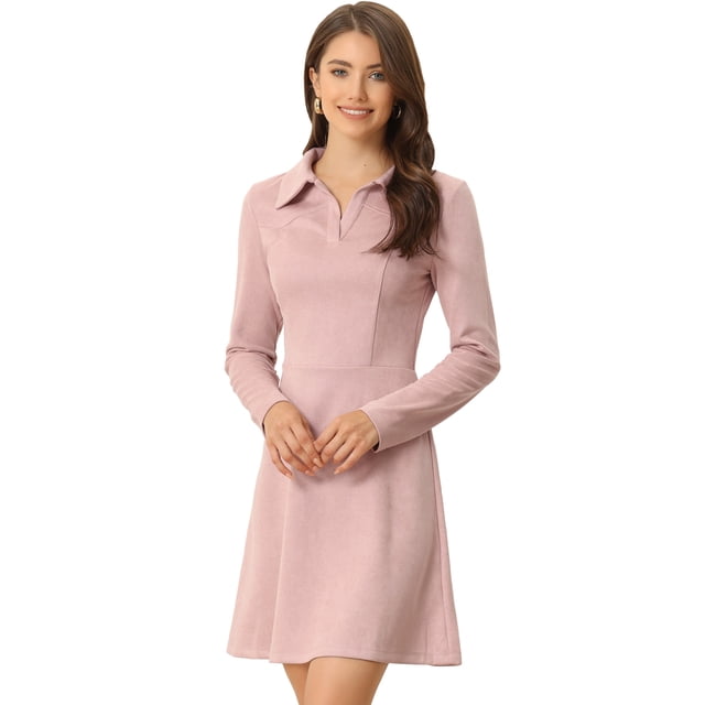 Vestido acampanado de manga larga con cuello de solapa de gamuza sintética para mujer Rosa L