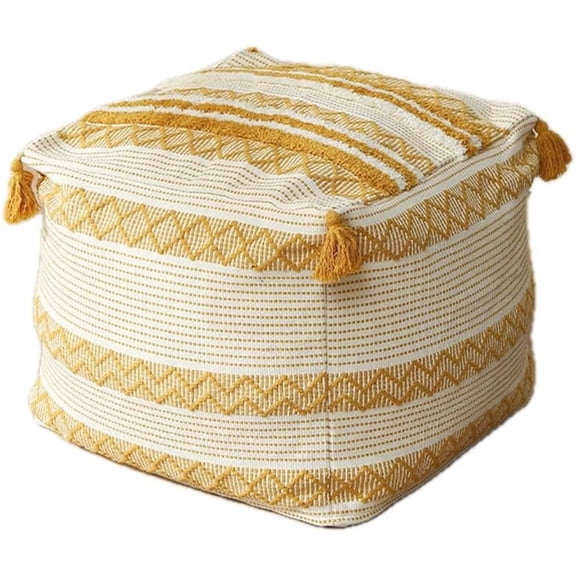 MOCOFO Square Tufted Pouf Cover with Tassels, Unstuffed Boho Storage Ottoman for Blankets and Pillows, Woven Cotton Floor Seating Footstool for Living Room & Nursery (Cover Only,yellow)