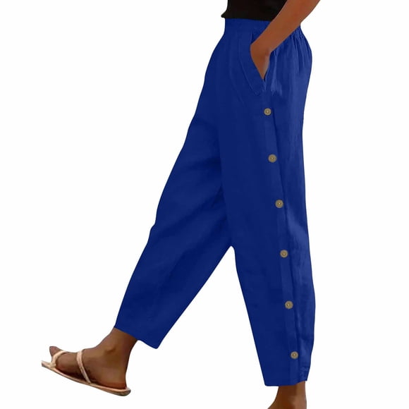 Staron Cotton Linen Pants Women Casual Summer Beach Flowy Plus Size Cotton Linen Trousers Drawstring Waist Wide Leg Elastic Waist Pants with Pockets