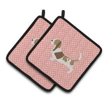 Basset Hound Checkerboard Pink Pair of Pot Holders