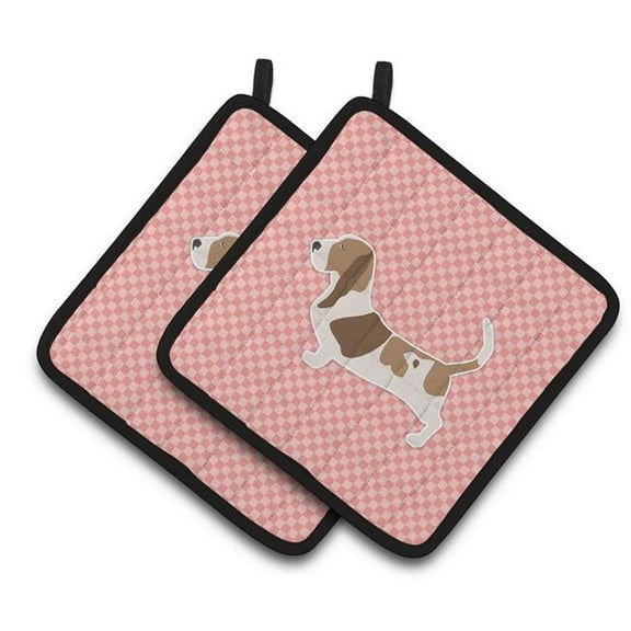 Basset Hound Checkerboard Pink Pair of Pot Holders