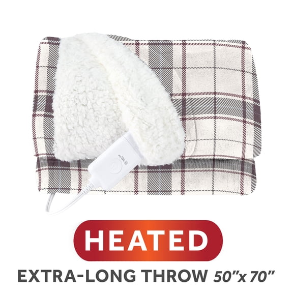 Sunbeam Heated Electric Microplush Faux Shearling Throw Blanket, Burgundy Plaid, 4 Heat Settings, 50 x 70 in