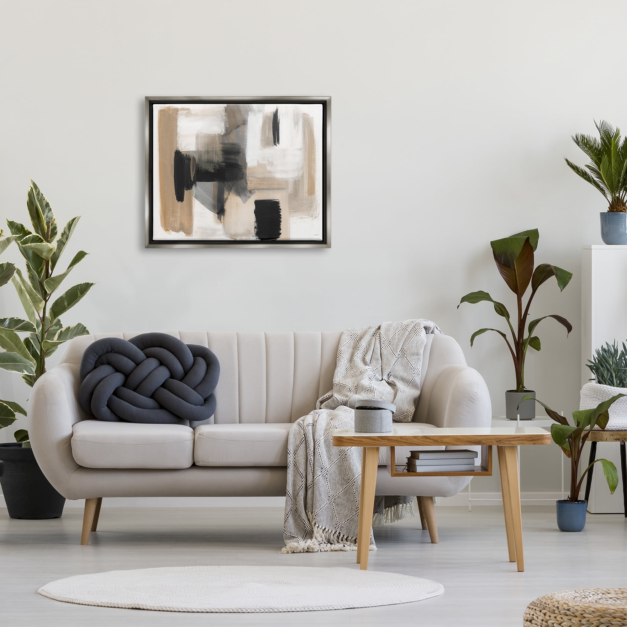Stupell Industries Tan & Black Collage Abstract Painting Gray Floater Framed Canvas Art Print Wall Art, 31 x 25