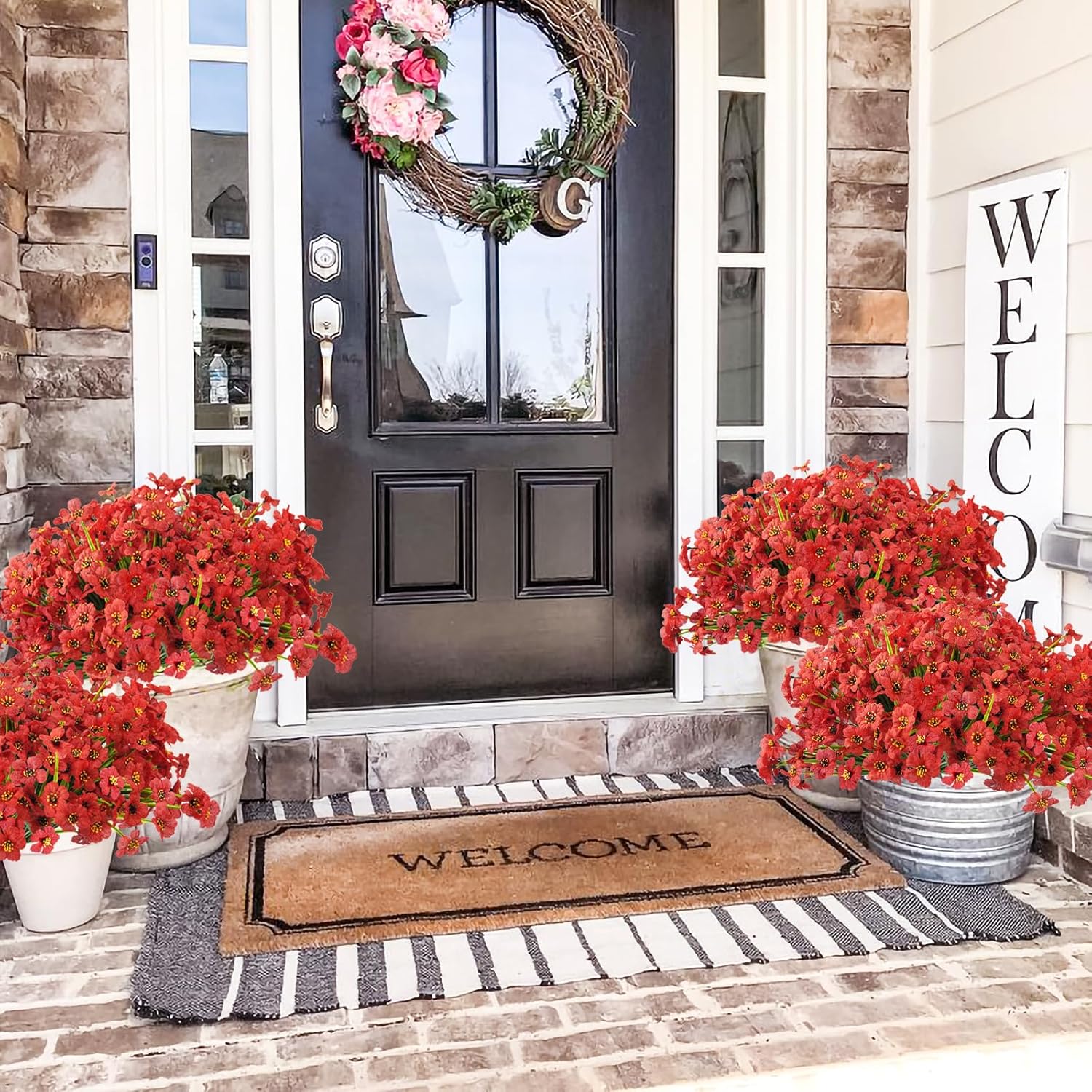 10 Bundles Outdoor Artificial Flowers UV Resistant Fake Silk Flowers Faux Plastic Plants Outside Garden Porch Window Box Summer Decoration (Red)