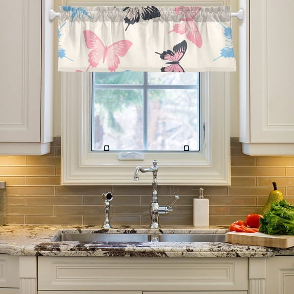 Pink Black Blue Butterflies Curtain Valances Farmhouse Design Window Treatment Decor Blackout Rod Pocket for Windows Living Room Kitchen 54" x 18"