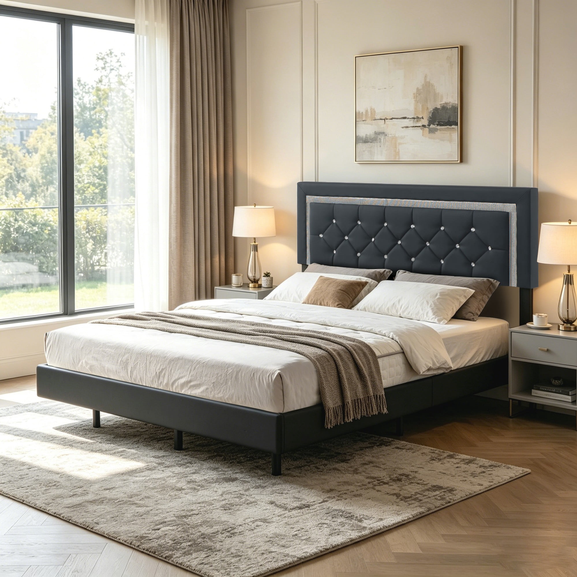 BSHTI Queen PU Platform Bed Frame with Upholstered Headboard, Colorful LED Lights, Wood Slat Support, No Box Spring Needed for Bedroom（Black）