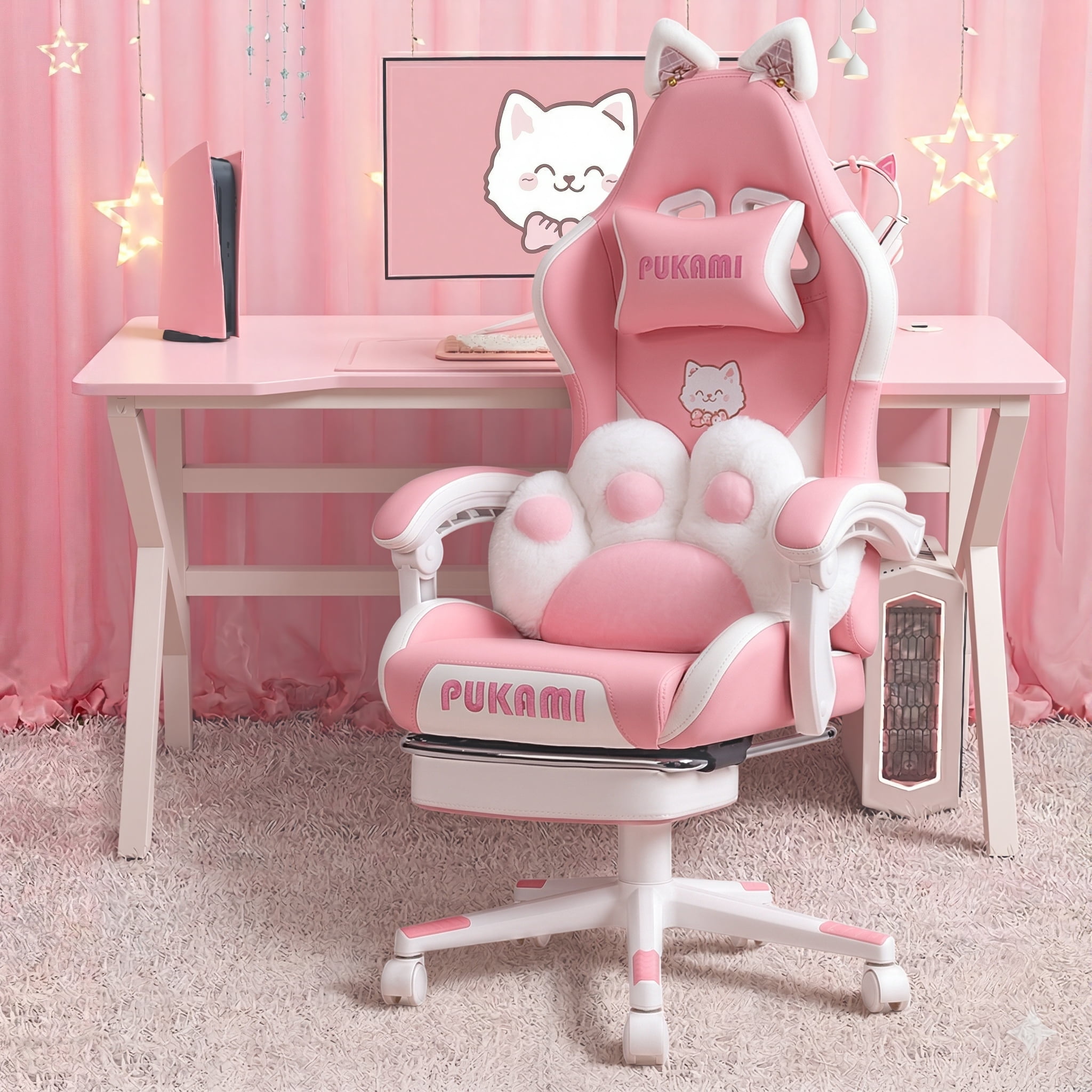 Waleaf Pink Gaming Chair with Cat Paw Lumbar Cushion and Cat Ears for Girls, Reclining Office Computer Chair with Footrest for Adults, Teens
