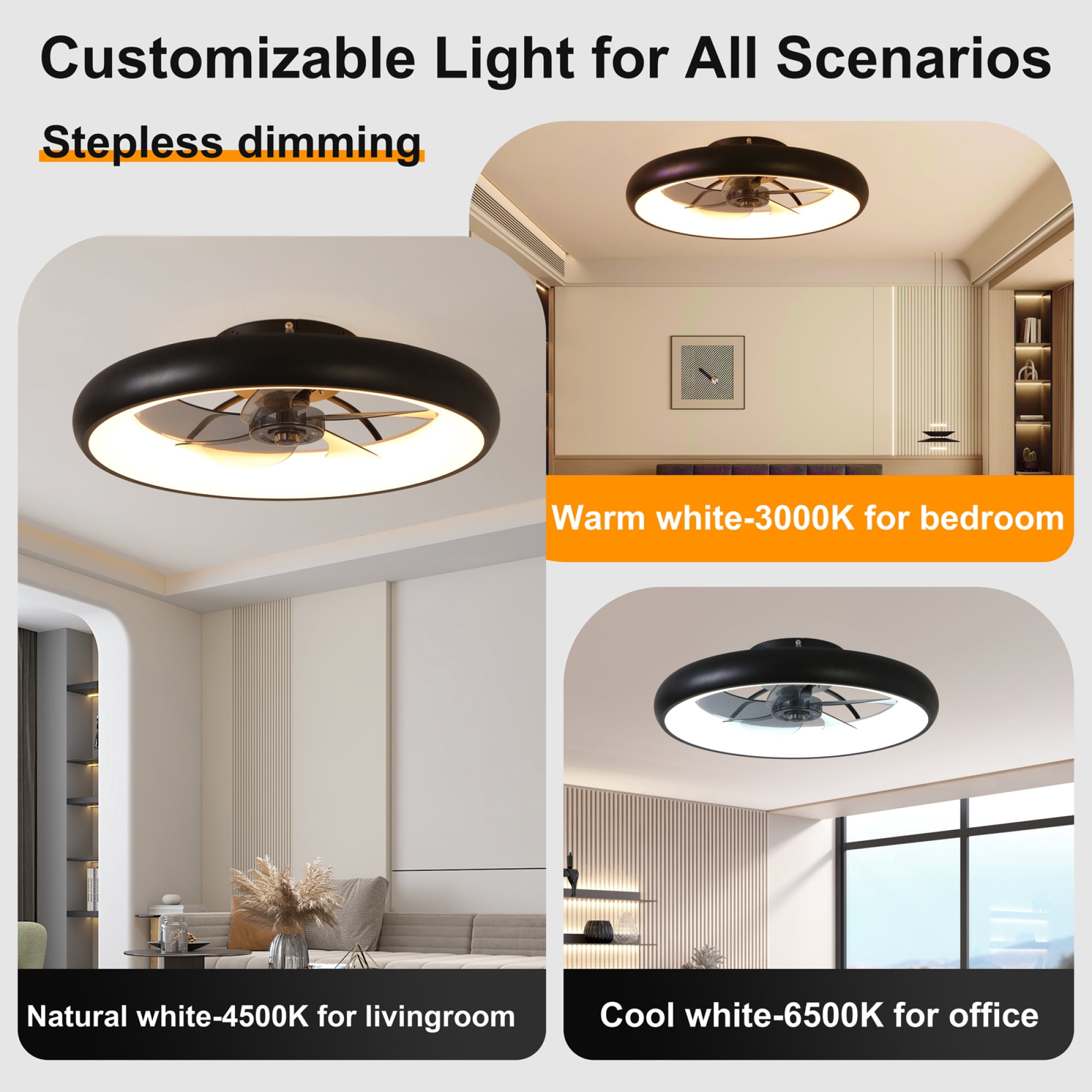 Leumius 21.7" Black Ultra-Thin Ceiling Fan with Light, 6-Speed Reversible Fandelier, 3-Color Temp Dimmable, Remote & APP Control, Silent Motor for Bedroom Living Room