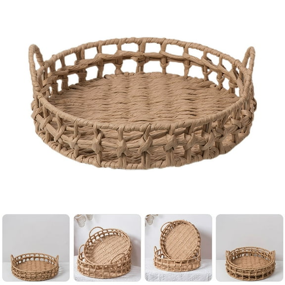 CTIRCHIU 1Set Handmade Weaving Paper Rope Woven Basket For Fruit Storage And Display Light Brown Round 11.8X11.8X2.6in