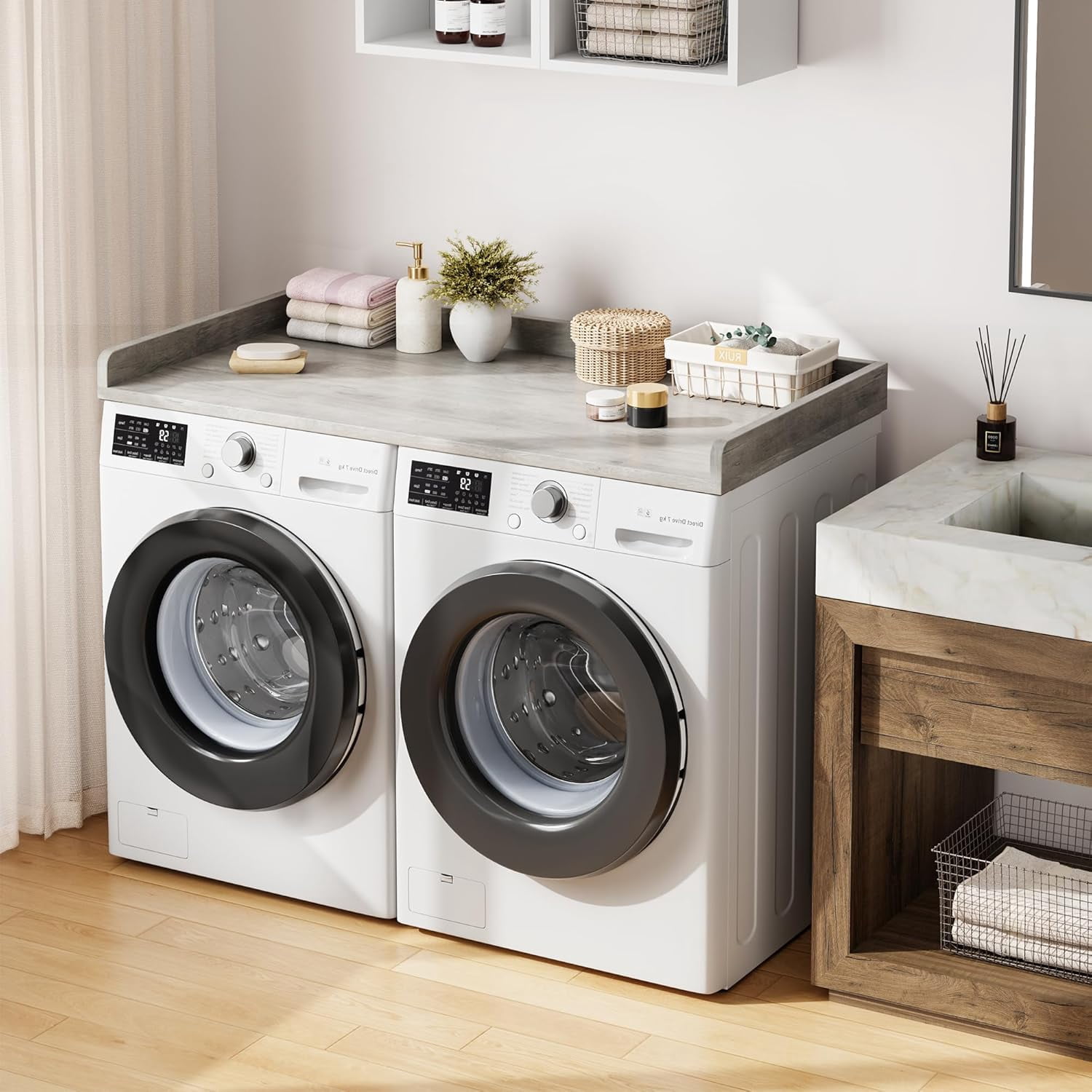 Washer Dryer Countertop, laundry topper with Edge and Non-Slip Pad for Washer Dryer Laundry Hamper Counter Storage Organization 54"x27.5" ，Grey