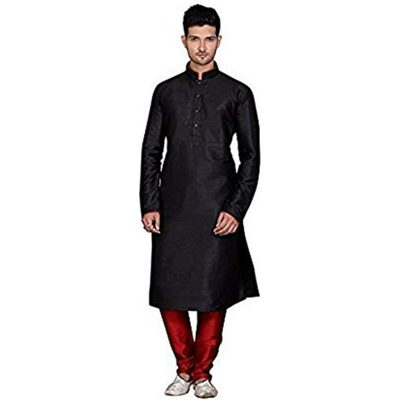 Royal Kurta Men's Dupion Silk Contrast Piping Kurta Churidar Black