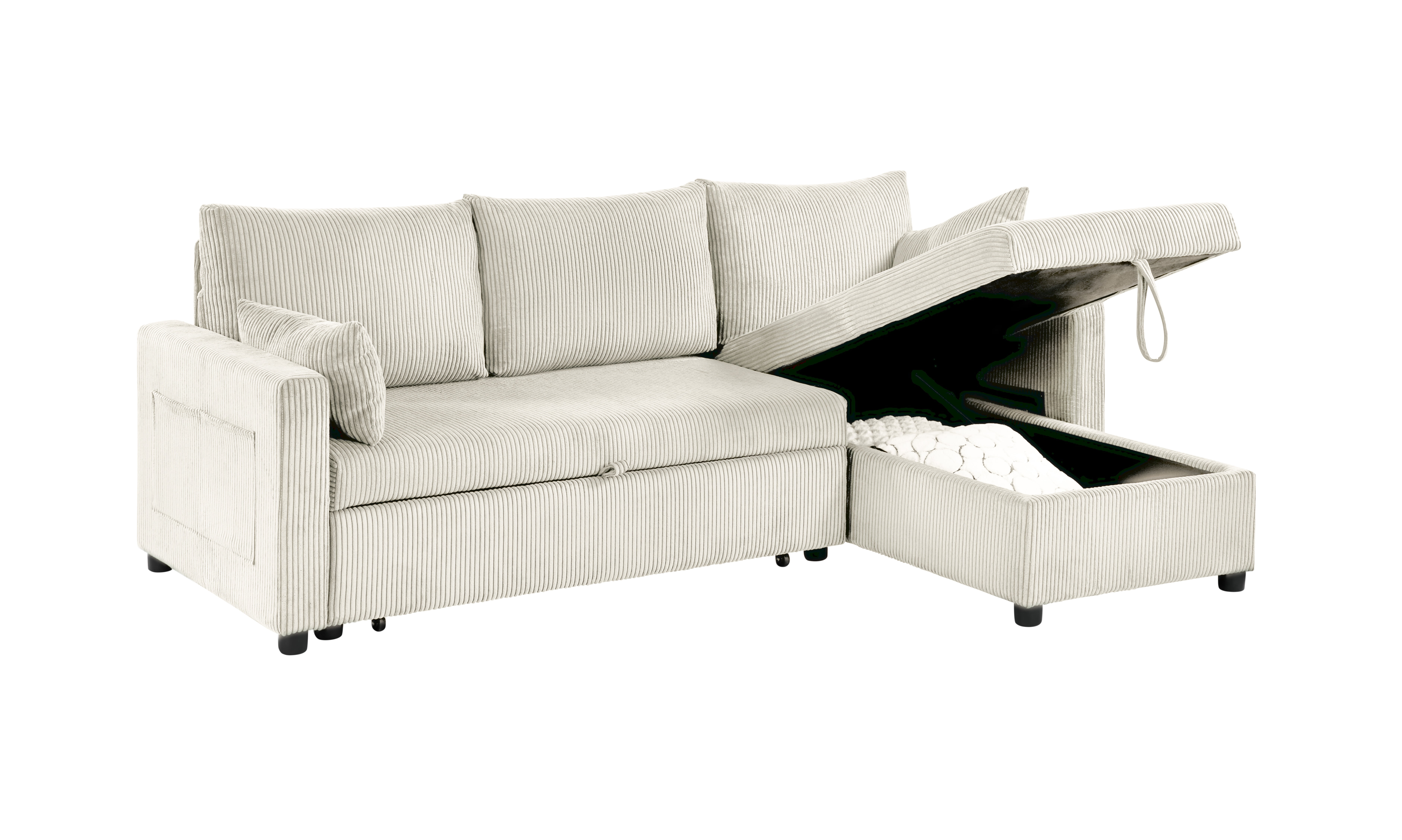 Gewnee 3-Seater Convertible Sofa,Pull Out Sleeper Sofa Bed with Storage Chaise,L-Shaped Corduroy Couch for Living Room,Apartment and Office.Beige