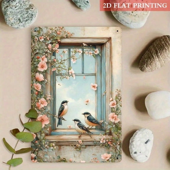 HELLOYOUNG Vintage Iron Wall Art Decor, 3D Visual Effect Rustic Birds And Flowers Window Sign, 8x12 Inch, No Electricity Needed, Unique Metal Art Print For Home Aluminum Signs Decorative Plaques
