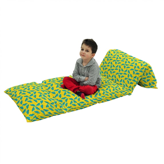 Rain Floor Pillow Lounger Cover, Numerous Repetitive Ornamental Open Beach Umbrella Motifs on Plain Backdrop, Nap Mat Printed Fabric Case for 5 Pillows, 88" x 36", Yellow Dark Seafoam, by Ambesonne