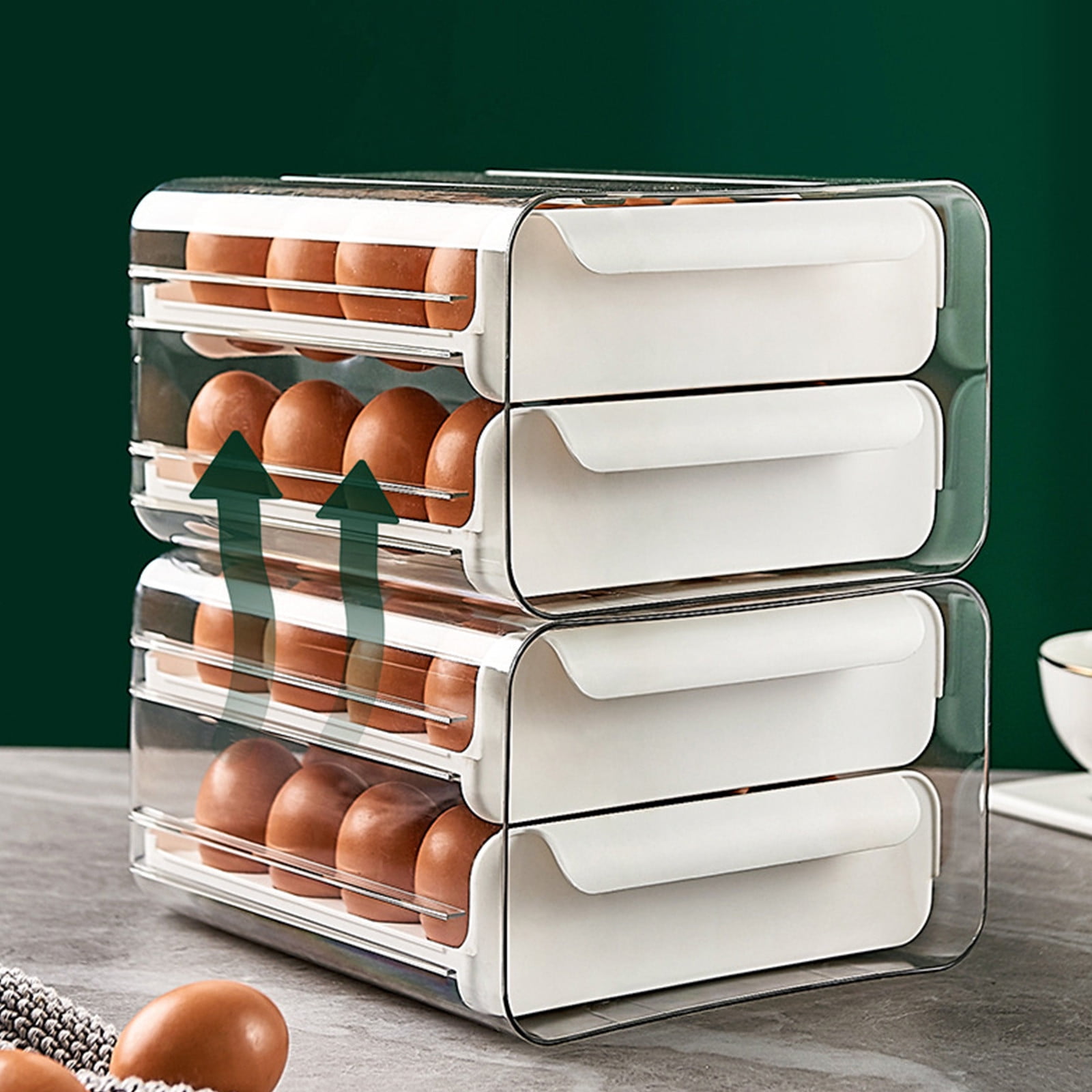 Clear Plastic Refrigerator Egg Organizer with Lid & Handle | 32 Egg Capacity | Stackable Fridge Storage Bin | 8.4x5.3x9.25 Inches, White/Green/Gray