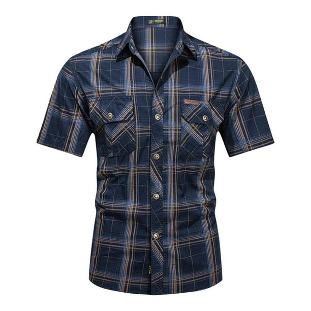 Camiseta de Manga Corta de la Moda de los Hombres Casual Color Sólido Bolsillos de Carga Botones Gira Cuello Superior