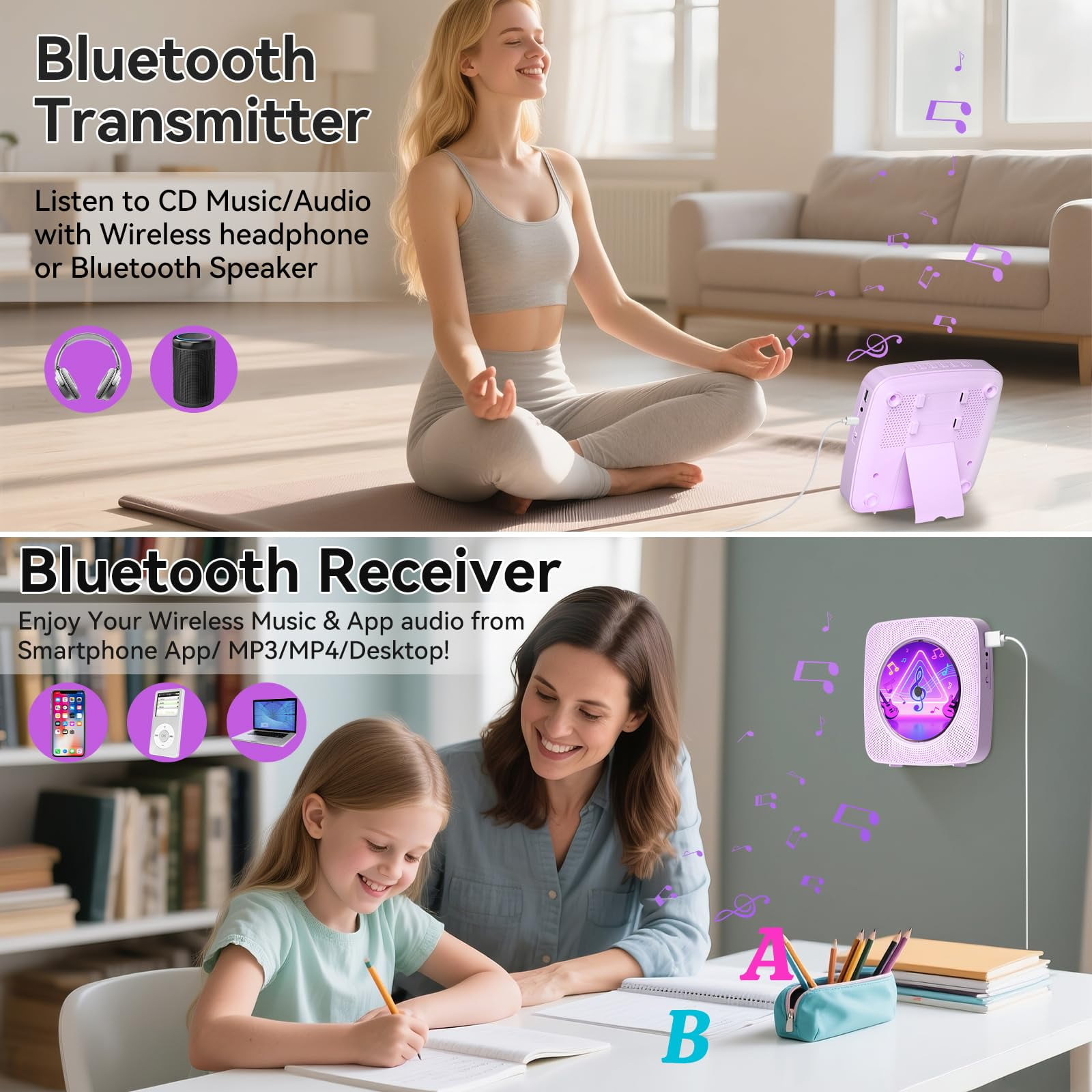 Ooosea CD Player Wall Mount Portable Bluetooth Rechargeable Desktop CD Players for Home with Speakers FM Radio USB AUX Jack Remote Control