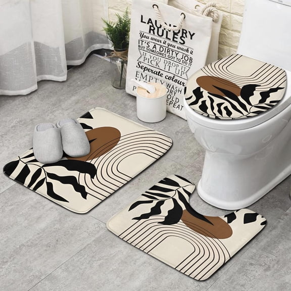 Black Boho Geometric and Plant Pattern Bathroom Rugs Sets 3 Piece,Toilet Cover Set,Absorbent Non Slip Bathroom Mats Sets with U-Shaped Contour Rug Toilet Rug Set