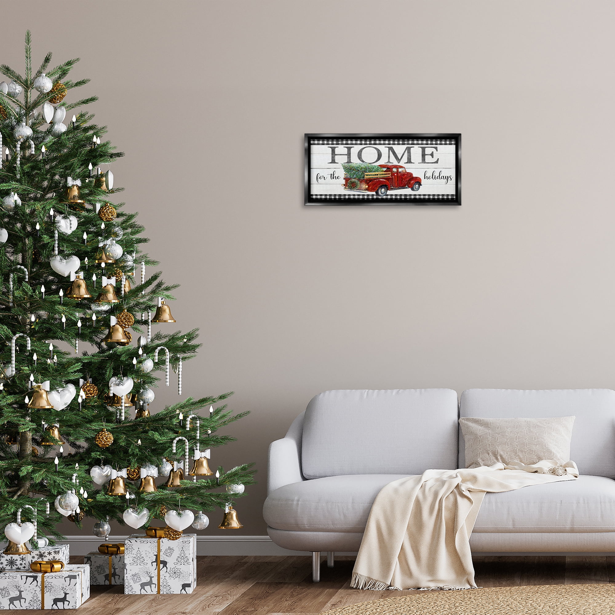 Stupell Industries Home For Holidays Truck Holiday Painting Black Floater Framed Canvas Art Prints Wall Art, 25 x 11