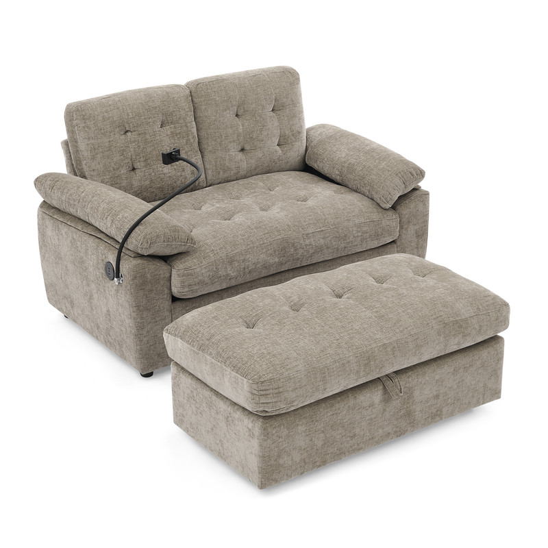 Double Sofa Recliner with Storage Ottoman, Manual Adjustable Reclining Loveseat with USB Charging Port, Phone Stand, and Soft Padded Armrests for Living Room, Apartment, and Home Theater