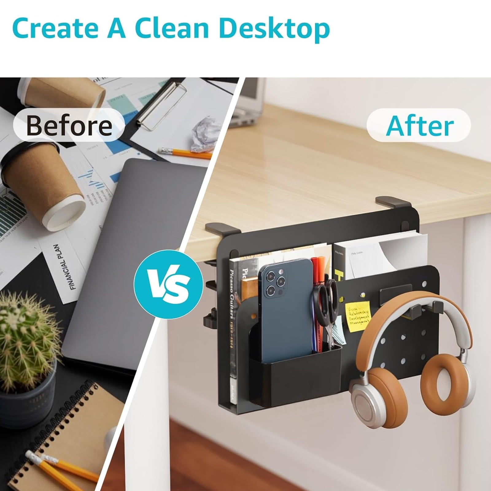 Desk Side Storage Organizer, No Drill Under Desk Laptop Holder, Clamp on Desks Shelf with Pegboard Accessories, Hanging Laptop Mount, Fits Flat Edge 0.4" to 2.2", Black