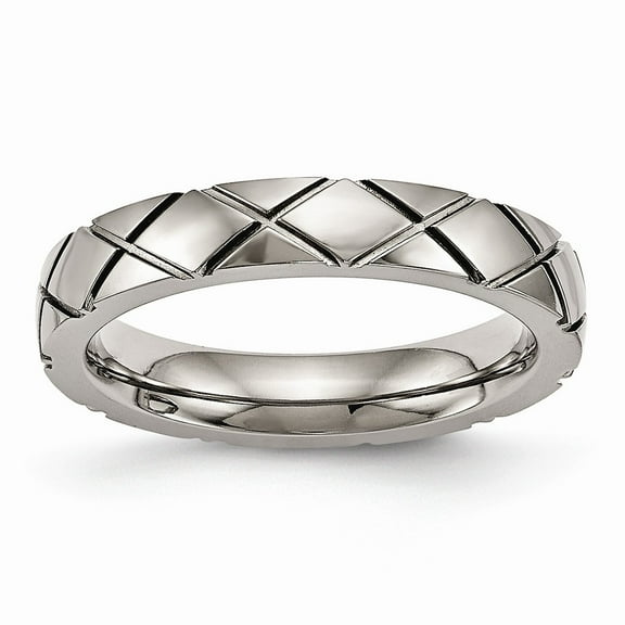 Grey Titanium Ring Band Wedding Polished Criss Cross Grooved