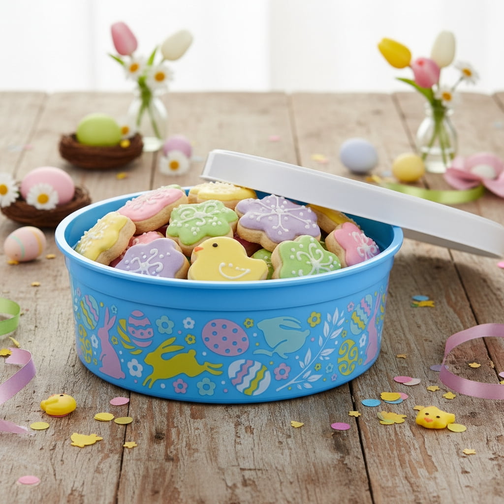 Way To Celebrate Easter Round Plastic Cookie Container, Bunnies and Eggs, Blue, 8 in