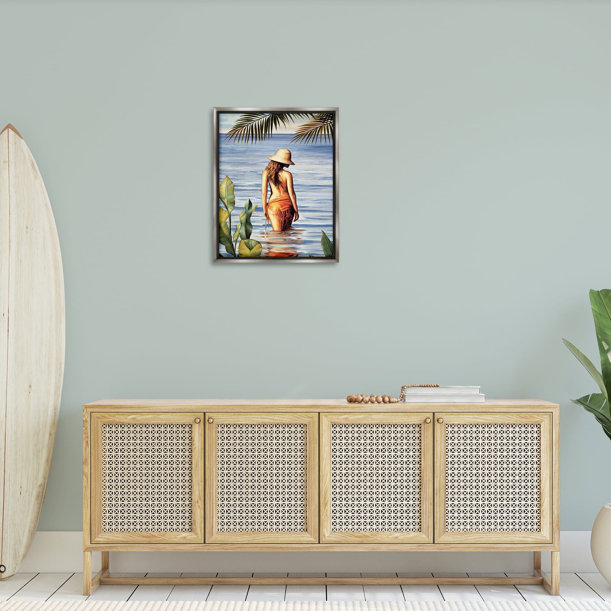 Stupell Industries Woman Wading Beach People Painting Gray Floater Framed Canvas Art Print Wall Art, 25 x 31