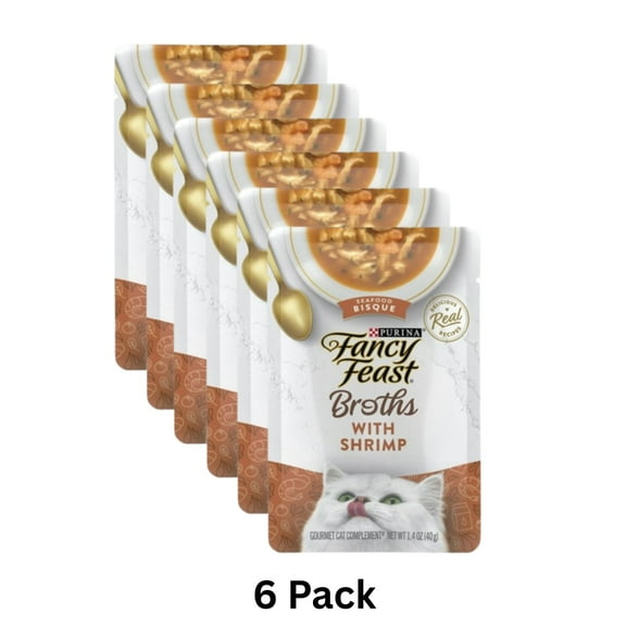 (6 pack) Purina Fancy Feast Broths Shrimp Seafood Bisque Wet Cat Food, 1.4 oz Pouch