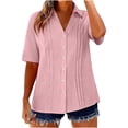 thumbnail image 2 of QIUOMBBP Short Sleeve Button Down Tops for Women Linen Solid Color V Neck Pleated Shirts Loose Lightweight Summer Casual Tees Pink XXL, 2 of 7