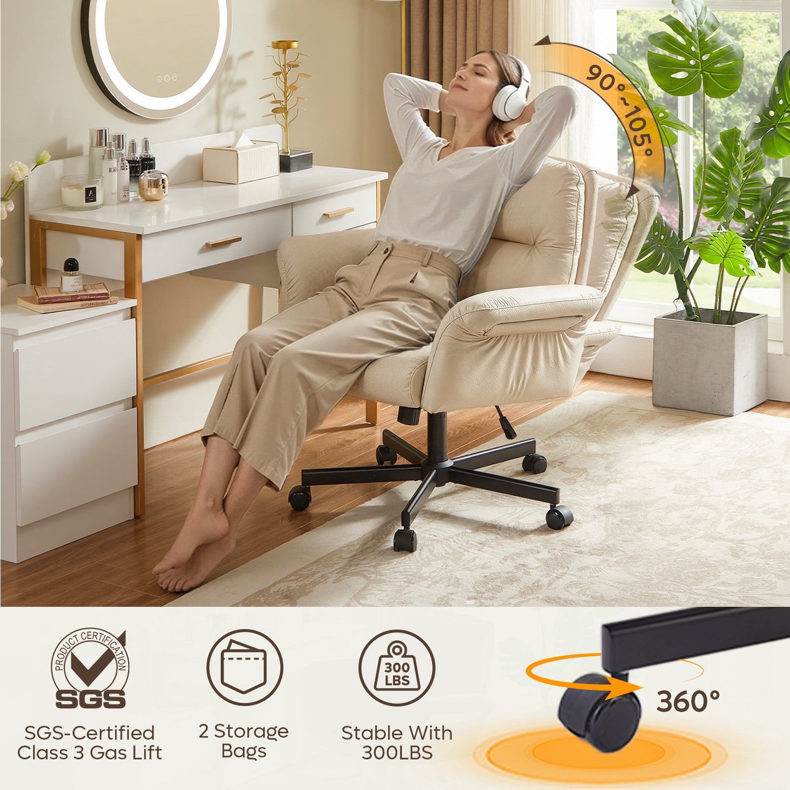 Bestier Office Chair Criss Cross Chair with Flip-Up Arms, Adjustable Height, Comfy Computer Chair, Vanity Chair with Side Pockets, Beige,PU Leather