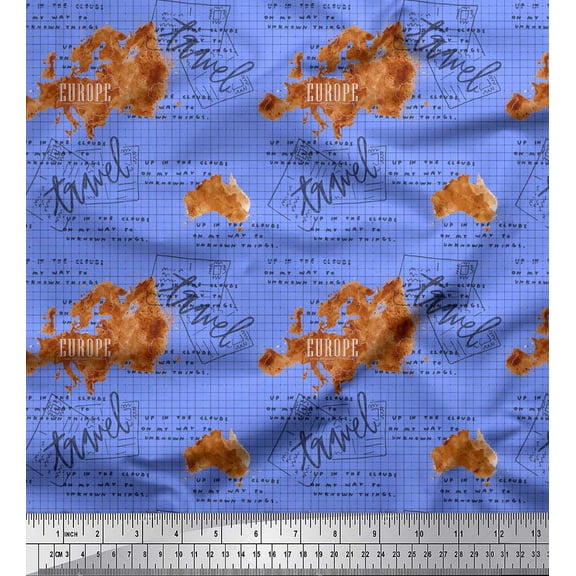 Soimoi Blue Cotton Cambric Fabric Text & Europe Map Travel Decor Fabric Printed Yard 42 Inch Wide
