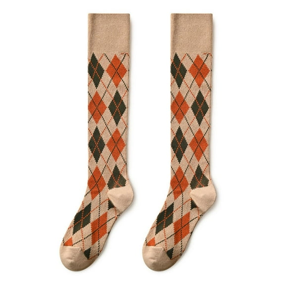 Women Autumn Ribbed Knee High Socks Japanese Preppy Style Vintage Colorful Argyle Diamond Plaid Pattern Thick Warm High Tube Stockings