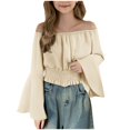 thumbnail image 2 of Miluxas Girl off Shoulder Ruched Tie Back Crop Top Summer Lantern Sleeve Boho Shirt Blouse Beige 14 Years, 2 of 5