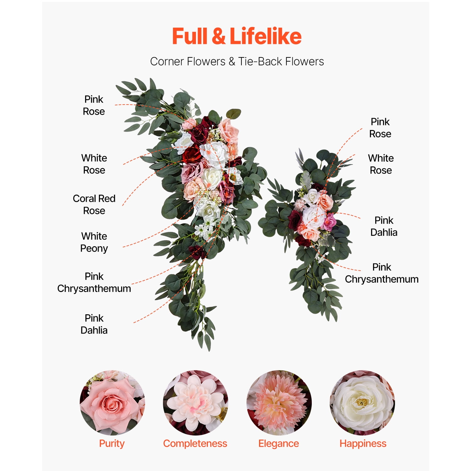 KFFKFF Artificial Wedding Arch Flowers Kit, Pink Floral Decorations with Drapes (Set of 4) - Includes 2 Floral Arrangements and 2 Sheer Drapes for Ceremonies, Bouquets, and Backdrop Decor