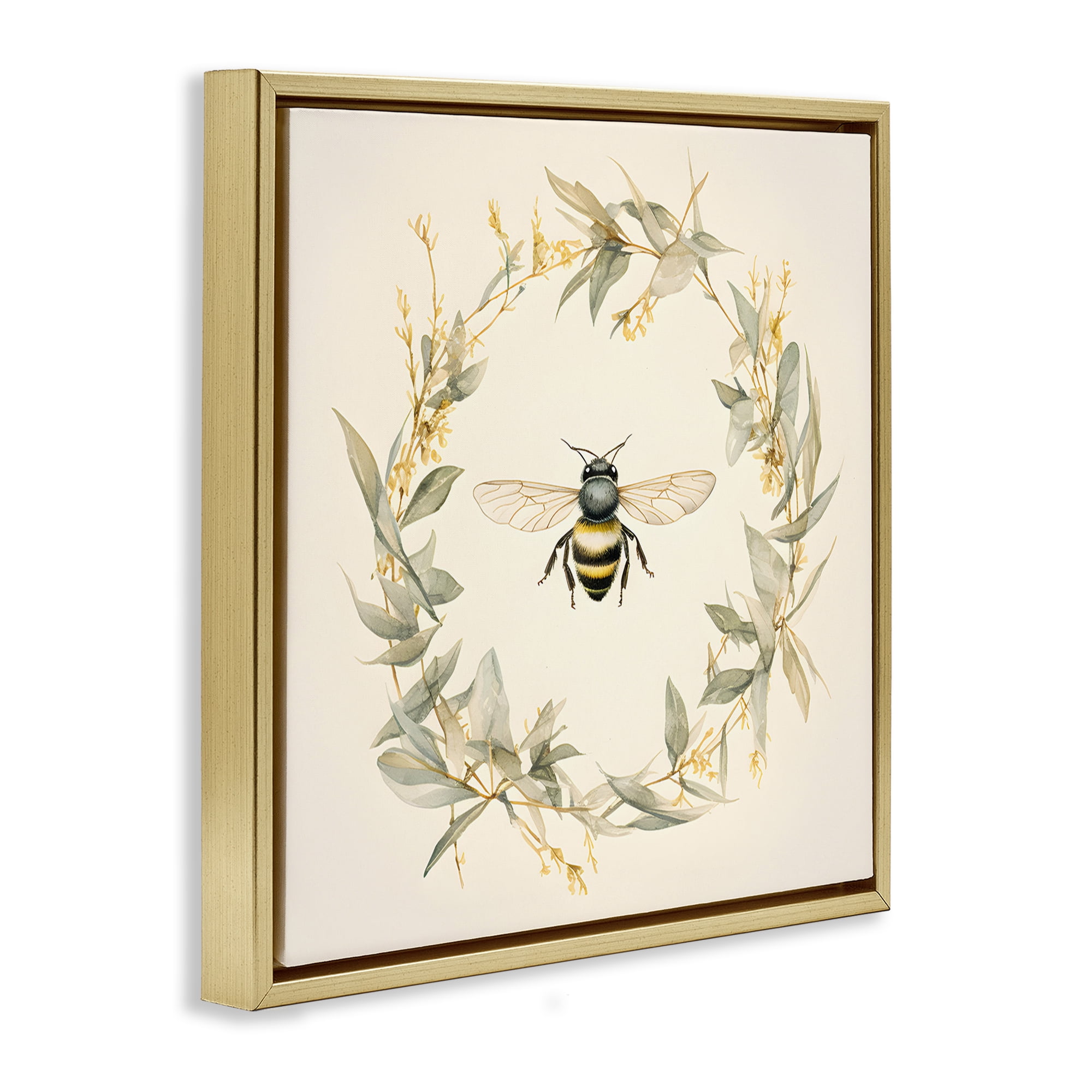 Stupell Industries Soft Bee Wreath Animals & Insects Painting Gold Floater Framed Canvas Art Print Wall Art, 18 x 18