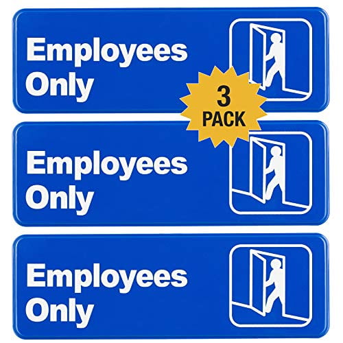Employees Only Sign: Easy to Mount Informative Plastic Sign with Symbols 9"x3", Pack of 3 (Blue)