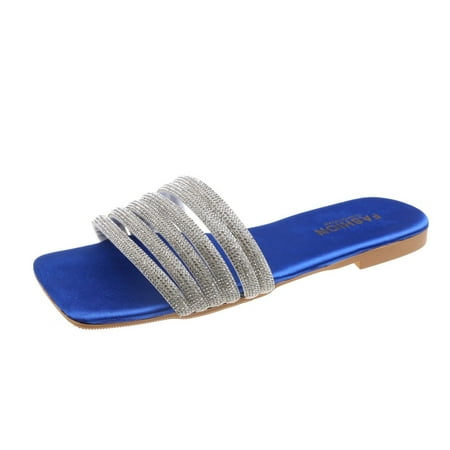 

Slippers for Women Fashion Summer Women Slippers Rhinestone Strap Flat Open Toe Solid Color Casual Womens Slippers Pu Blue 38