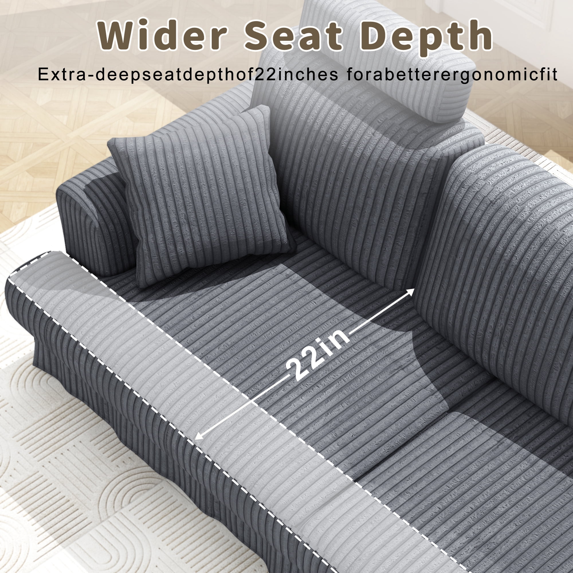87.5" Corduroy Sofa Couch for Living Room, AAQZ 3 Seater Sofa in a Box, Headrest, 2 Pillows,Gray