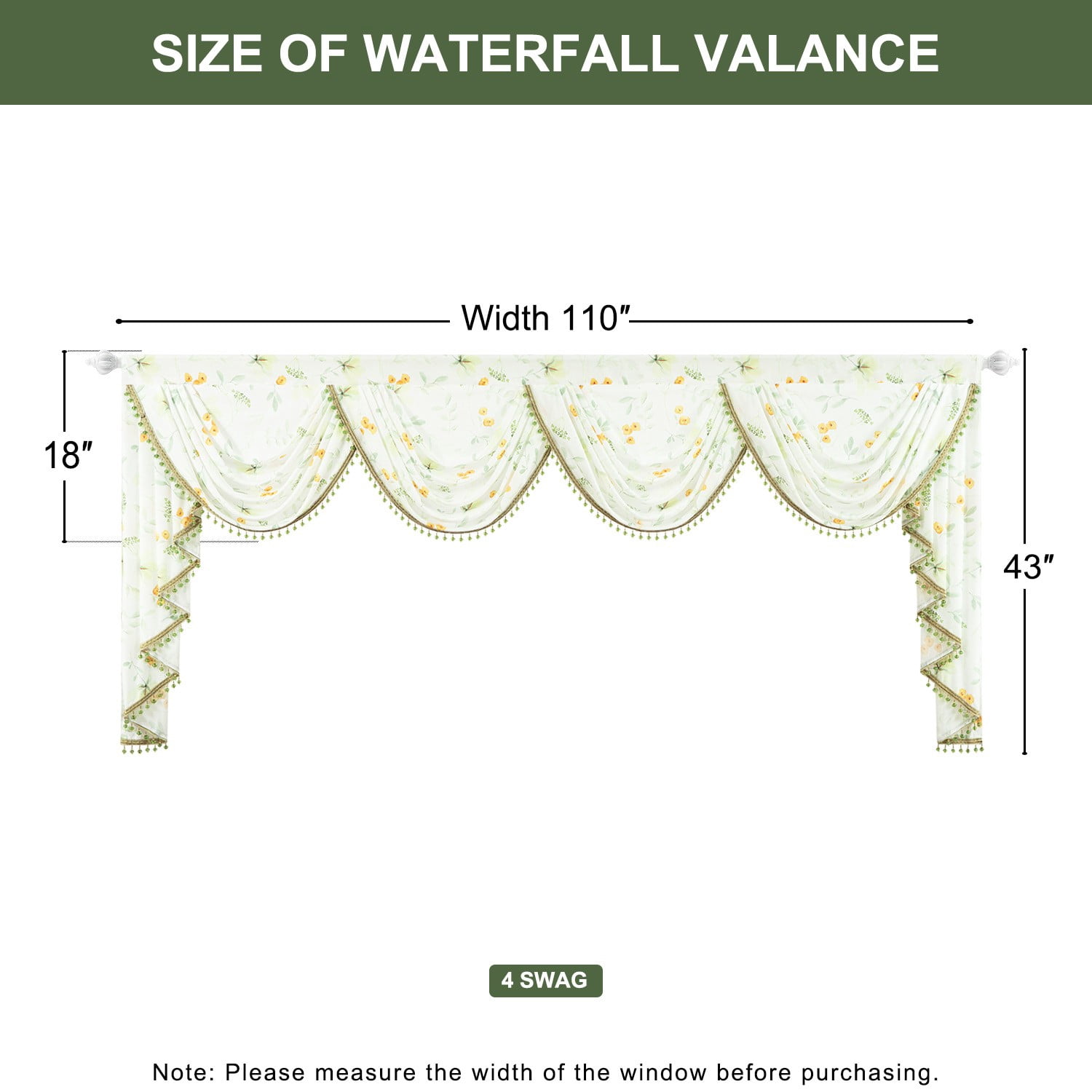 VOGOL Extra Wide Sheer Valance, Plants Print Waterfall Swag Curtains 110x43 Inches for Nursery & Bedroom