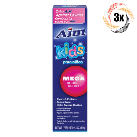 3x Packs AIM Kids Mega Bubble Berry Anticavity Fluoride Gel Toothpaste - 4.4oz