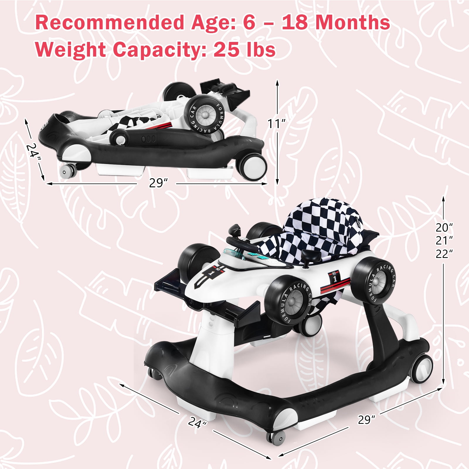 Infans 4-in-1 Baby Walker Foldable Activity Push Walker Adjustable White