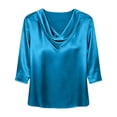 thumbnail image 7 of Womens Satin Blouse Cowl Neck Draped Silky 3/4 Long Sleeve Dressy Tops Trendy Fashion Business Casual Outfit #02Blue 2XL, 7 of 7