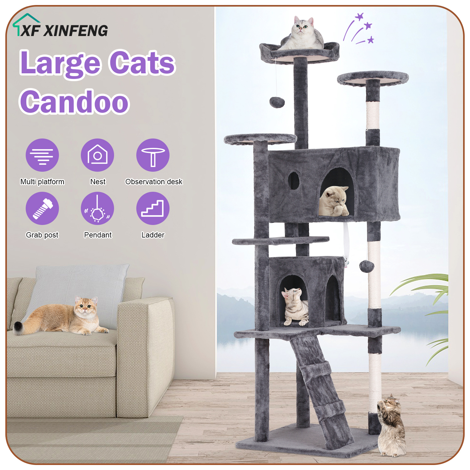 XF XINFENG 70" Cat Tree Tower Playhouse for Indoor Cats with Scratching Posts, Multi-Level Pet Cozy Condo Furniture, Light Gray