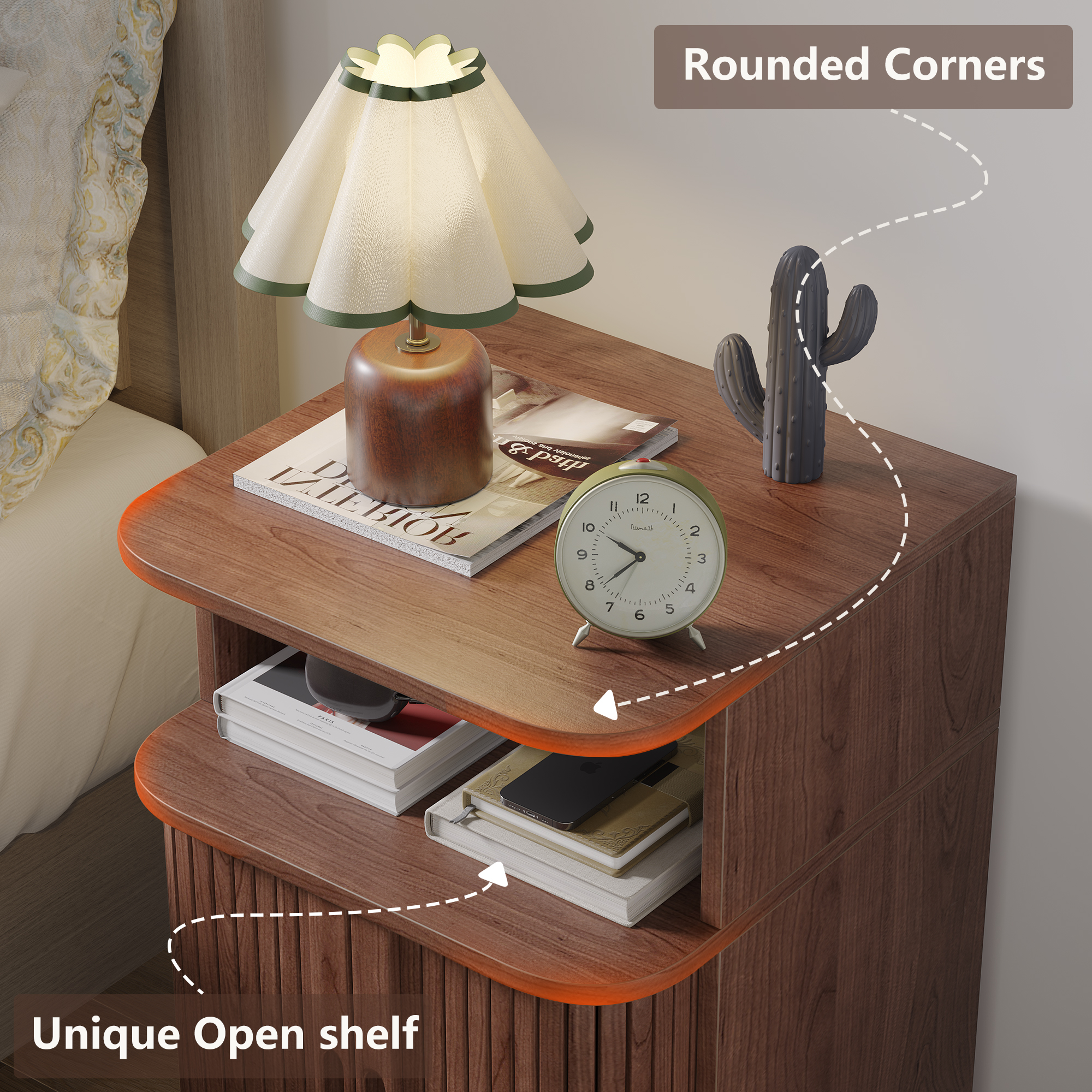 Fluted End Table with Storage,  Mid-Century Modern Wood Nightstand  with for Adult's Bedroom, Walnut